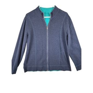 Tommy Bahama Womens Navy Blue Teal Full Zip Mock Neck Sweatshirt Logo Size L